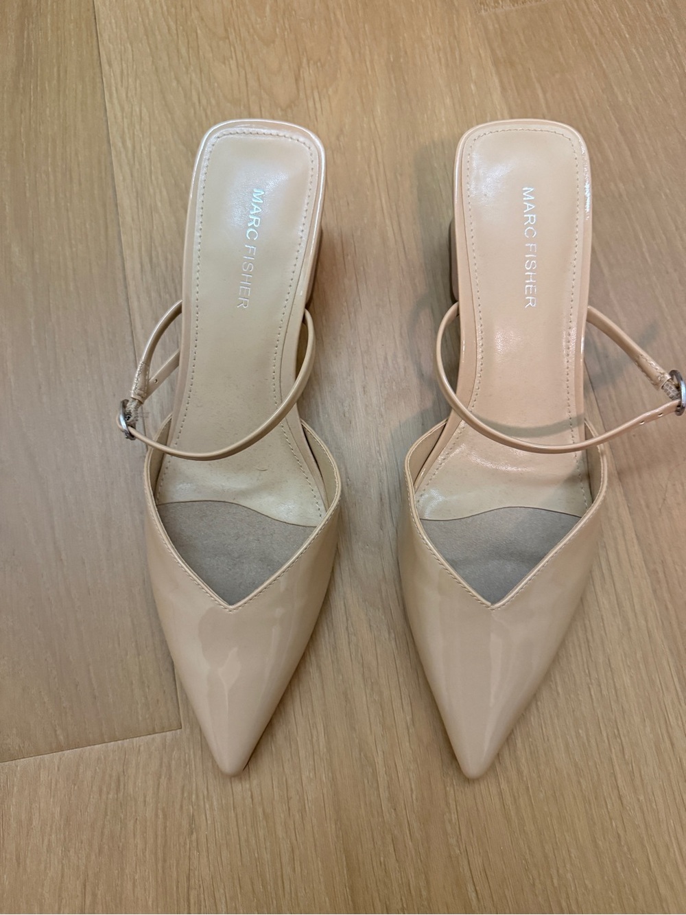 Marc Fisher Patent Pointed-Toe Nude Slingback Mules